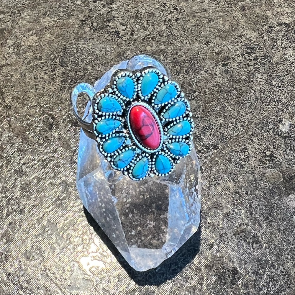 Faux Turquoise, Coral & Silver Mexican Taxco Style Ring NEW
